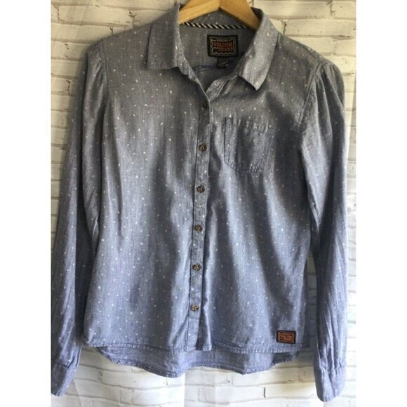 Volcolm Jeans Light Blue White Speckle Polka Dot Pocket Button Down Top Sz Small - Picture 1 of 5